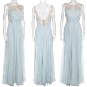 Marchesa Notte Silk Blue Embellished Embroidered Mesh Sheer Panel Detail Gown